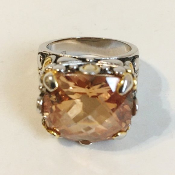 Amber Orange Stone Ring Ornate 18KGE Silver Gold - Picture 4 of 8